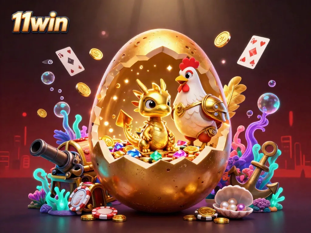 Experience the thrill of 11win with a golden dragon standing guard amidst poker chips in a vibrant underwater casino.
