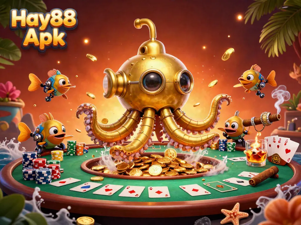 Engage in thrilling gameplay with the Hay88 Apk, featuring golden kraken submarine and poker elements.