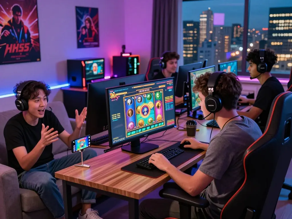 Gamers enjoying the HH55 online gaming platform with vibrant screens and engaging setups.
