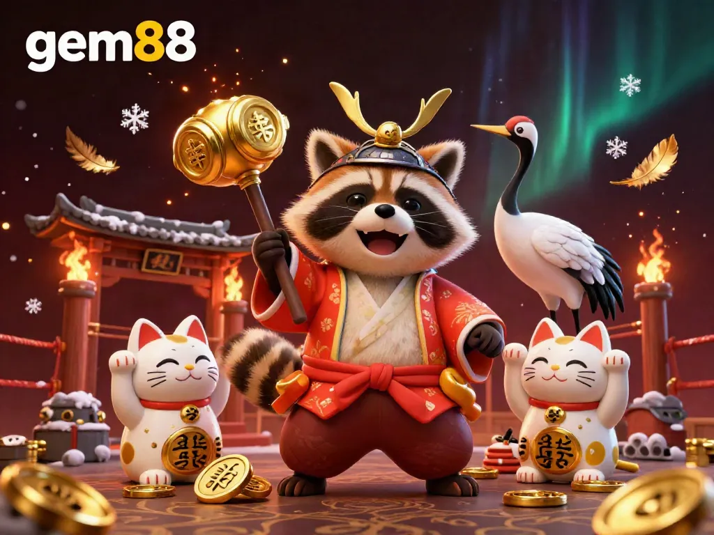 Experience the excitement of gem88 with a lively tanuki and samurai crane in a colorful casino scene.