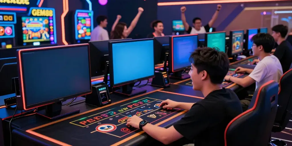 Engaged player at GEM88's live casino, surrounded by screens and friends cheering.