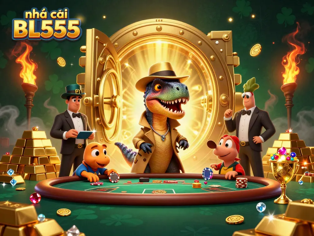 Experience the thrill of nhà cái BL555 with playful cartoon dinosaurs engaging in blackjack at a vibrant casino.