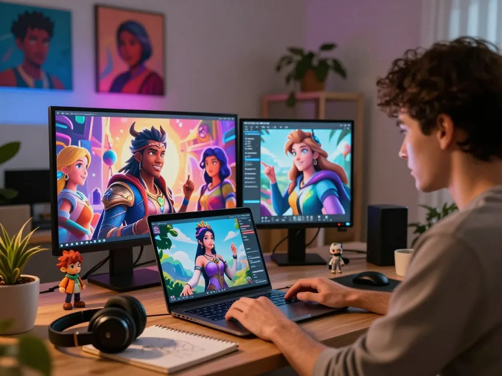 Engaging user interacting with AI characters, exploring crush on AI in a vibrant virtual environment.