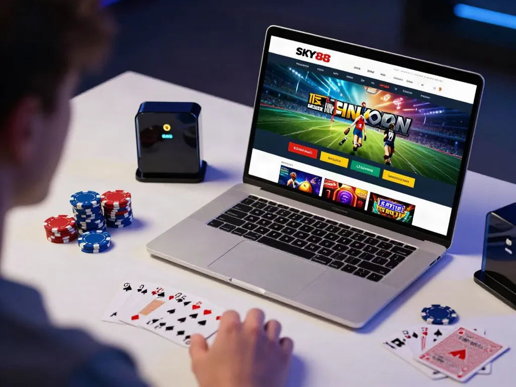 Engaging with SKY88 online gaming platform on a laptop, showcasing vibrant betting interface and gaming accessories.