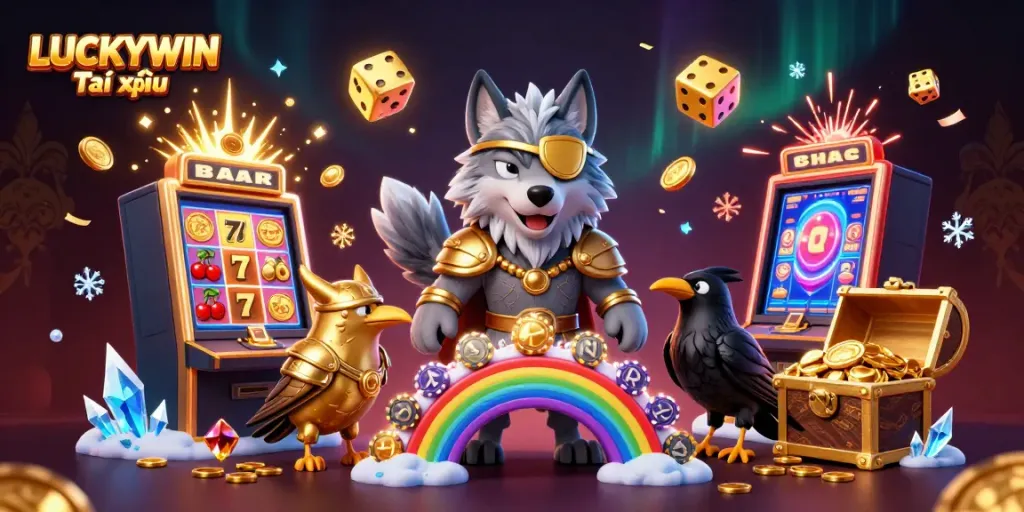 Spin the LUCKYWIN Tài xỉu jackpot with Odin and ravens in a vibrant casino scene.