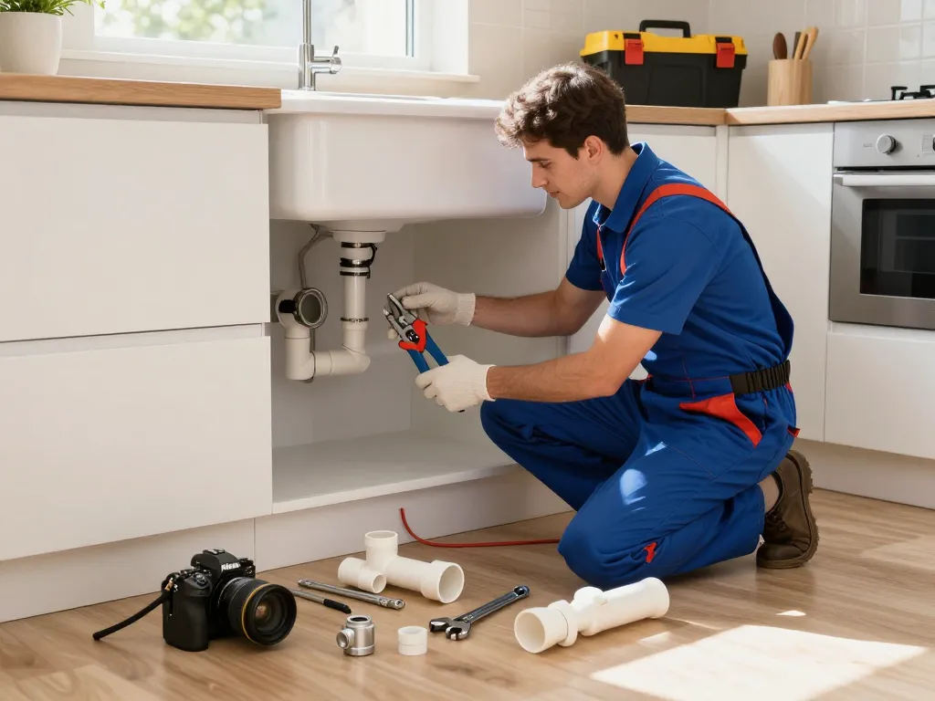 Encanador em São Paulo fixing plumbing under kitchen sink with professional tools.