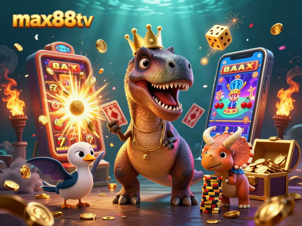 Experience max88tv's thrilling casino adventure with T-Rex card shuffling and jackpot excitement!