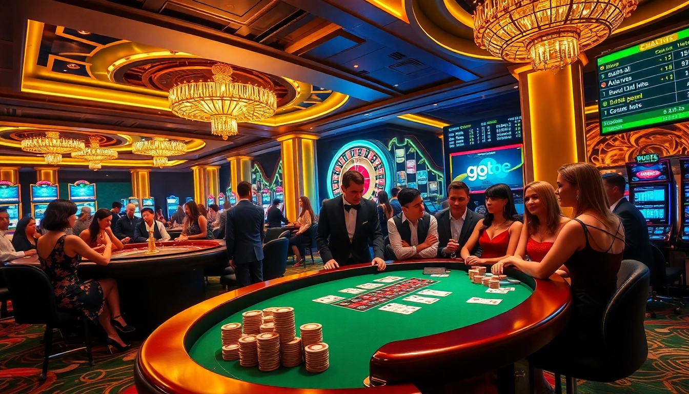 Players enjoy an exciting poker game at a luxurious casino setting, showcasing go8 betting strategies.