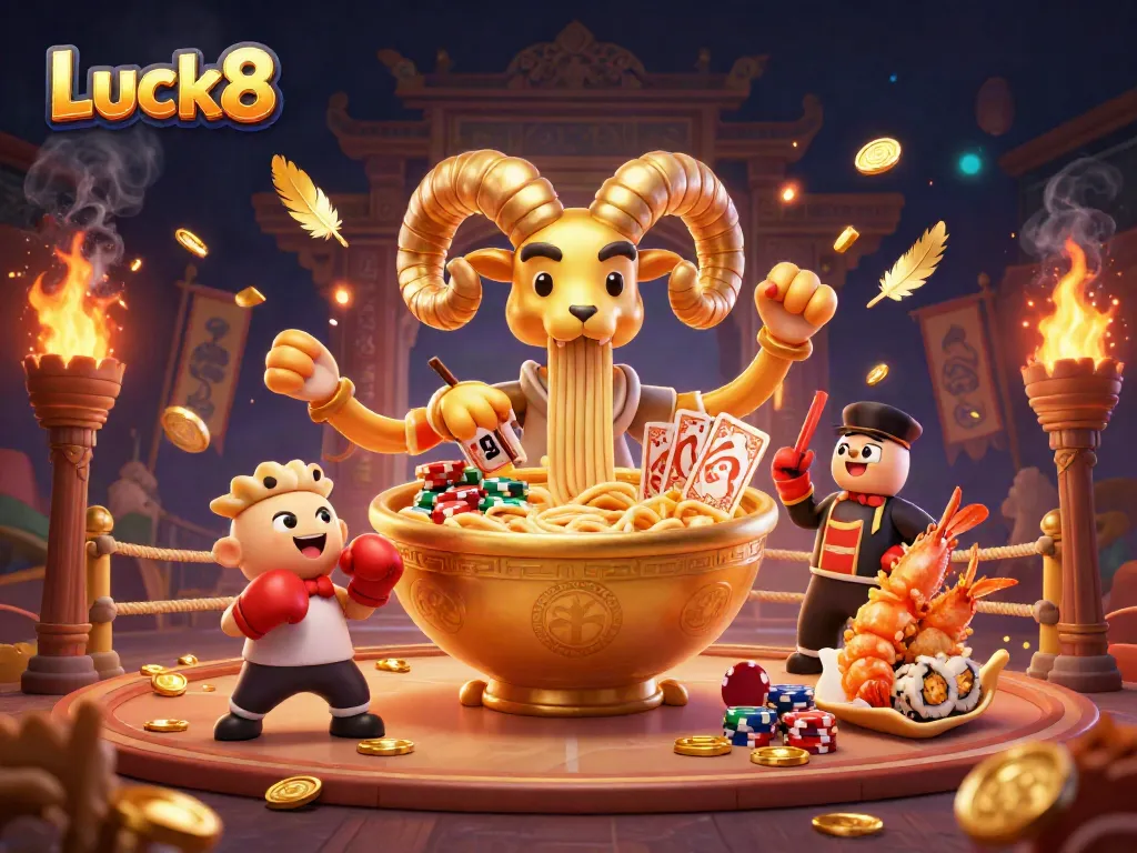Luck8 showcases a vibrant casino atmosphere with a golden ramen bowl character and dynamic game elements.
