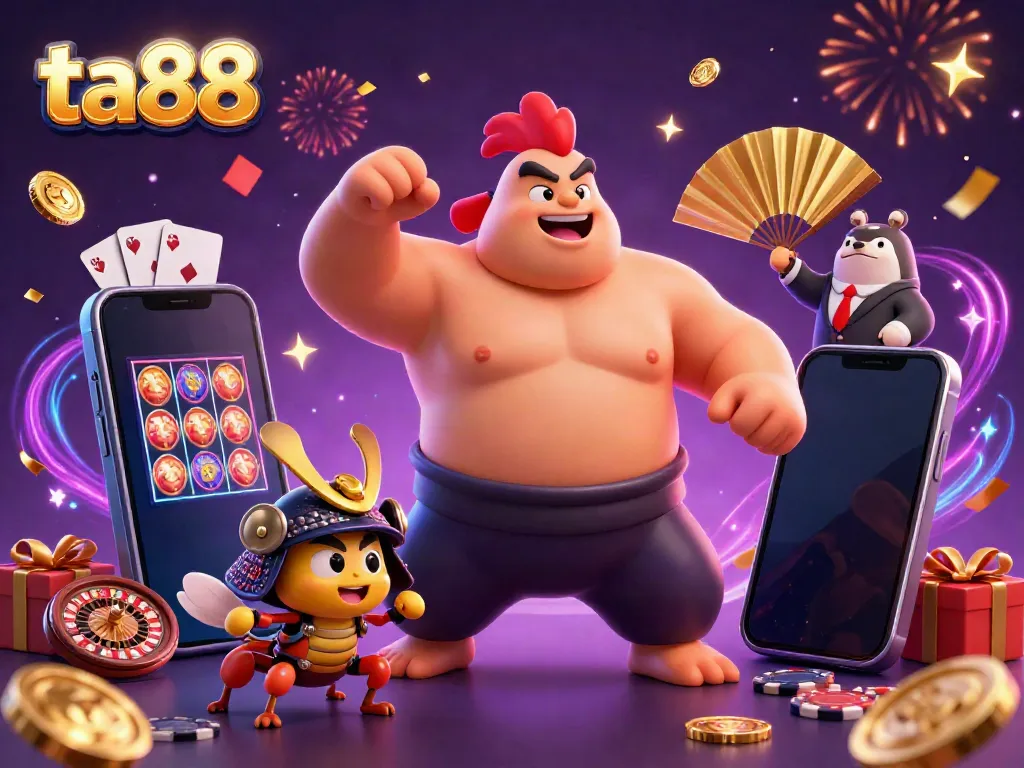Engage with ta88's vibrant casino world, showcasing a powerful sumo rooster alongside a fierce cricket and fun gambling elements.