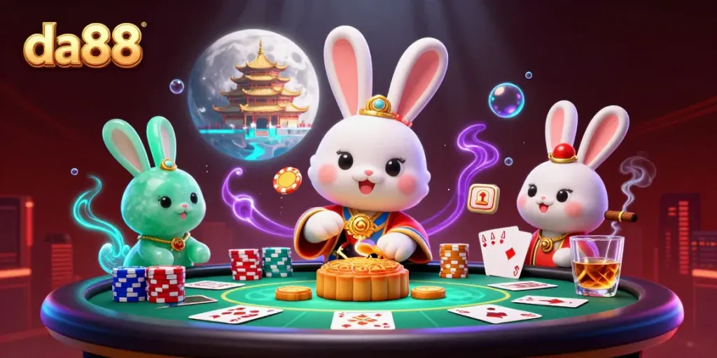 Experience winning moments at da88 with a whimsical scene featuring a cartoon moon rabbit and poker chips.