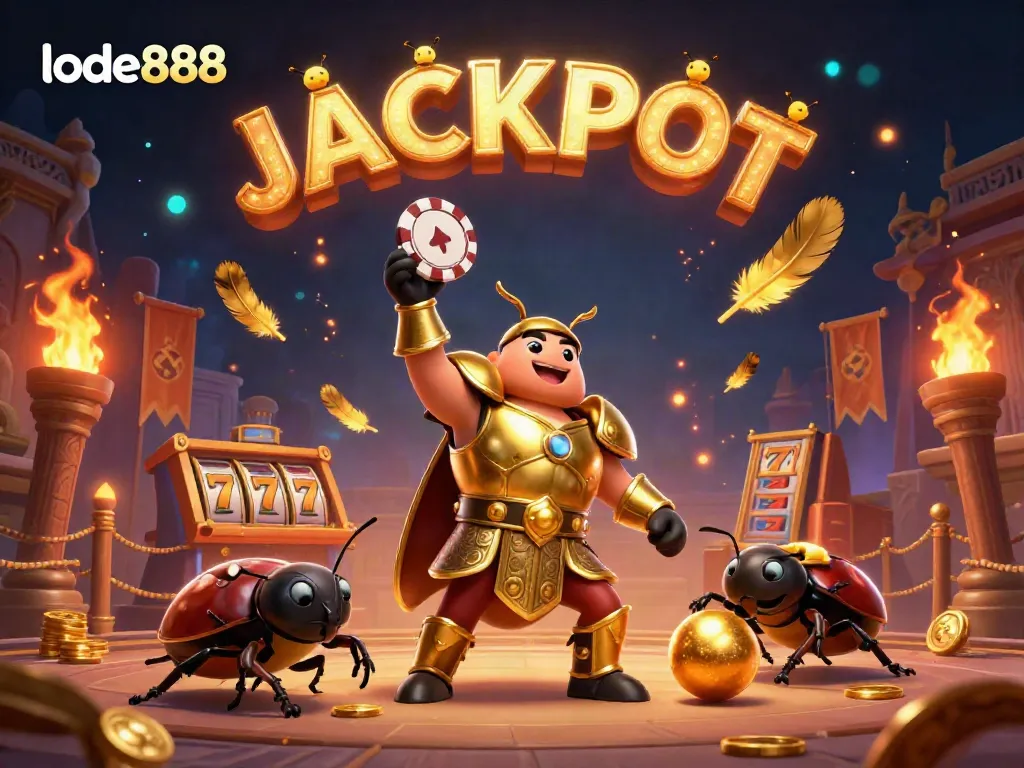 Join the exciting action at lode888 as a beetle wins big in a casino-themed scene filled with vibrant elements.