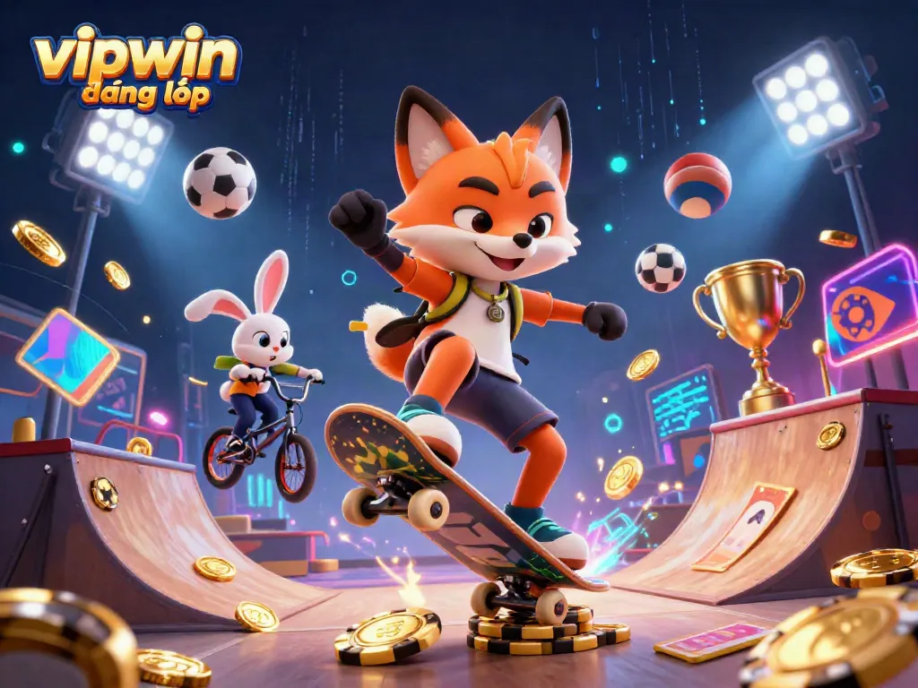 Engaging 3D scene showcasing vipwin đăng nhập with a skateboarder fox and BMX rabbit in a casino-themed illustration.