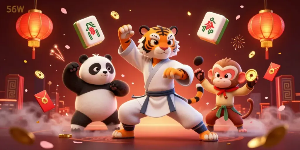 Engage with exciting gambling action at 56W, showcasing a vibrant 3D scene of talented characters surrounded by festive gaming symbols.