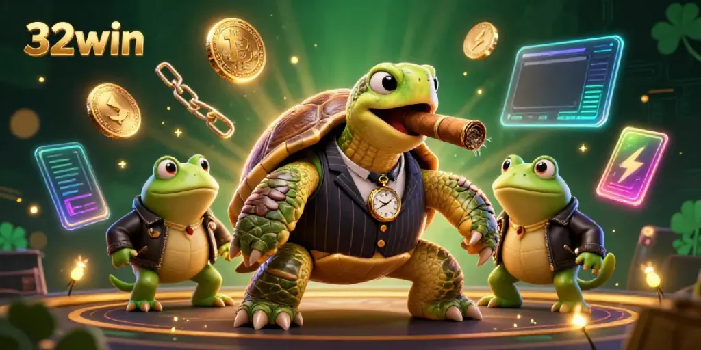 Experience thrilling gameplay with 32win's cartoon characters amidst vibrant casino elements.