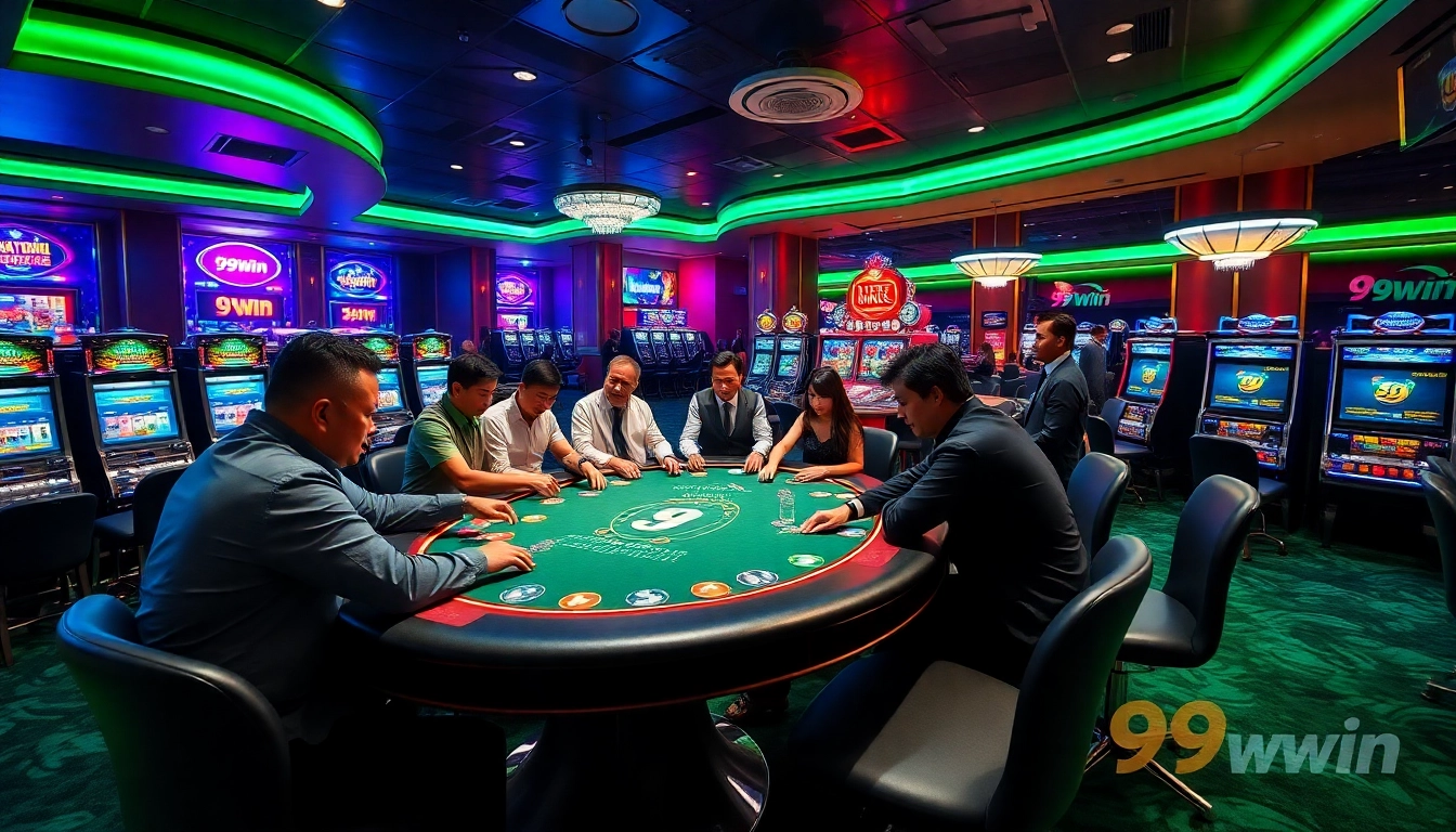 99win players enjoying high-stakes poker in a luxurious casino setting with vibrant neon lights.
