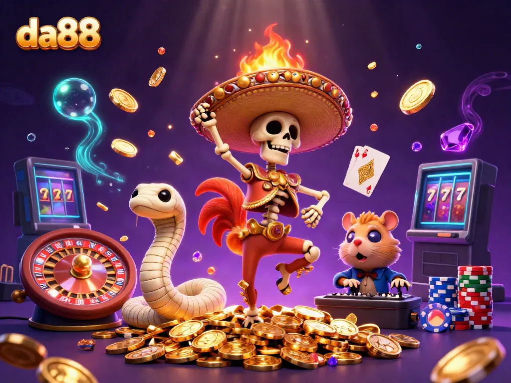 Engage with exciting betting action at da88, showcasing vibrant cartoon characters in a casino-themed celebration.