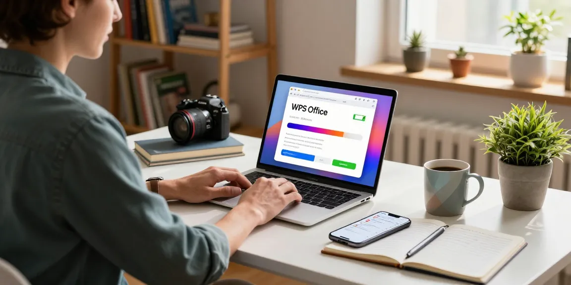 Download WPS Office on a laptop in a modern home office with an inviting atmosphere.