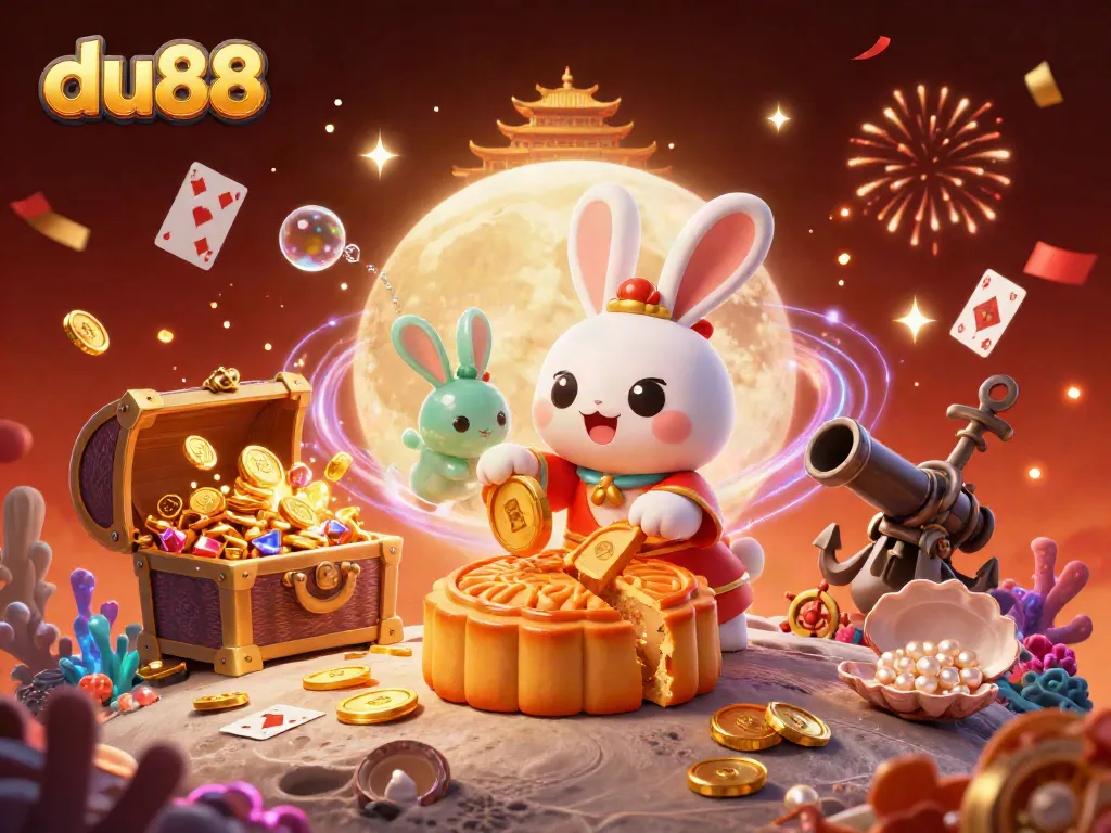 Experience the thrill of du88 with a magical 3D casino-themed illustration featuring a moon rabbit and treasures.