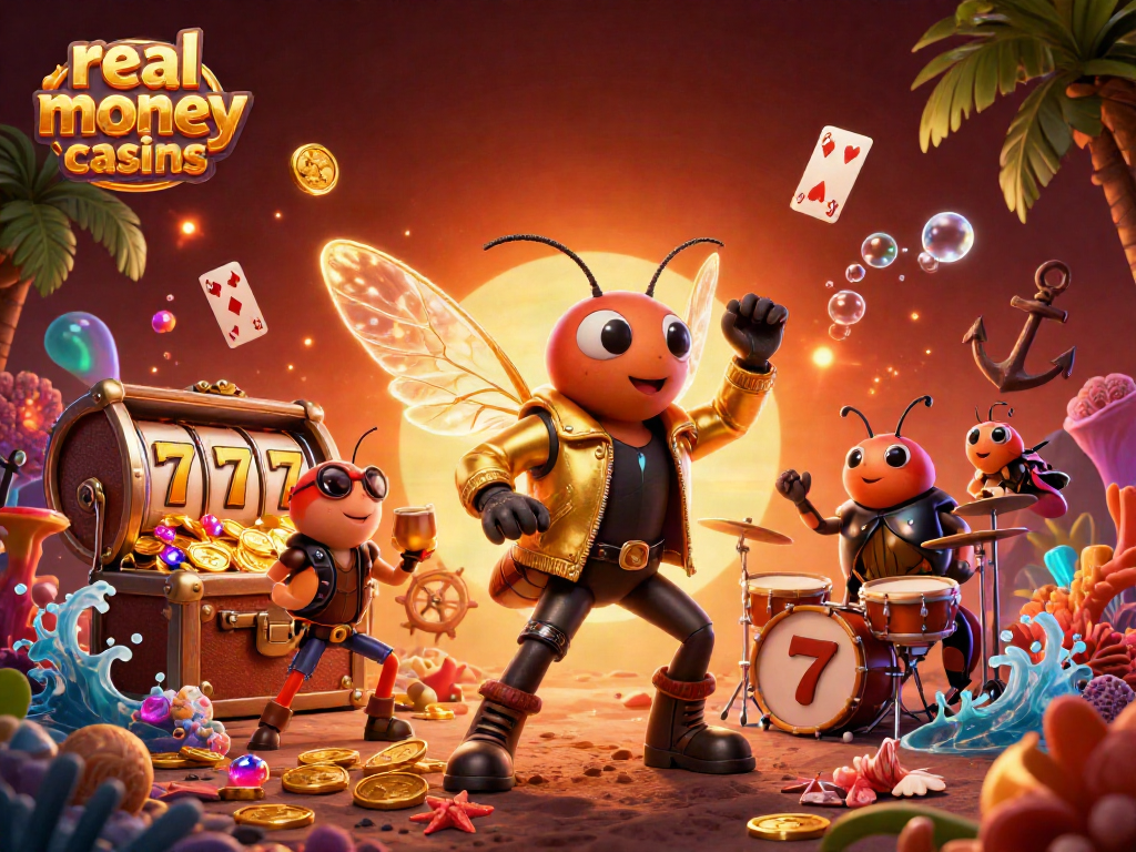 Experience thrilling action at real money casinos with a vibrant scene of animated characters and game elements.