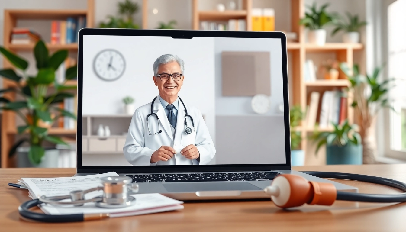 Engaging same day online doctor visit consultation on a laptop, with a smiling doctor.
