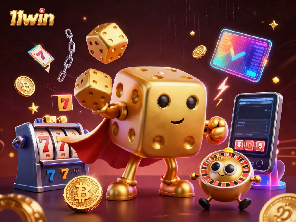 Engage with festive 11win gaming excitement featuring animated golden dice and blockchain elements.