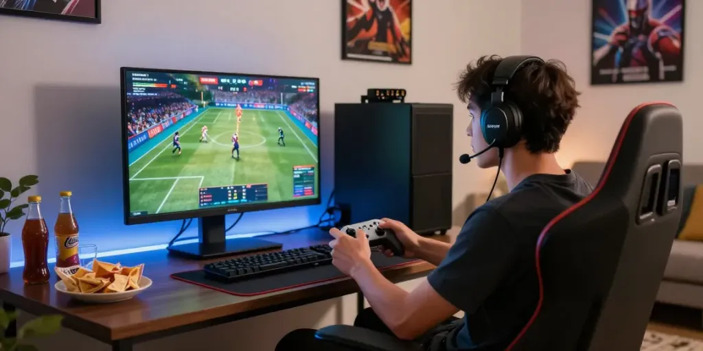 https://man88.hair/ immersive online gaming setup with player, sports graphics displayed.