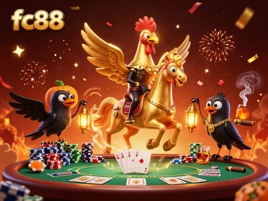 Experience the vibrant casino action with fc88's lively 3D illustration of a golden rooster and companions.