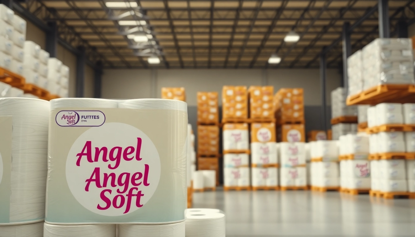 Showcase of Angel Soft Toilet Paper Pallets in a well-organized warehouse setting