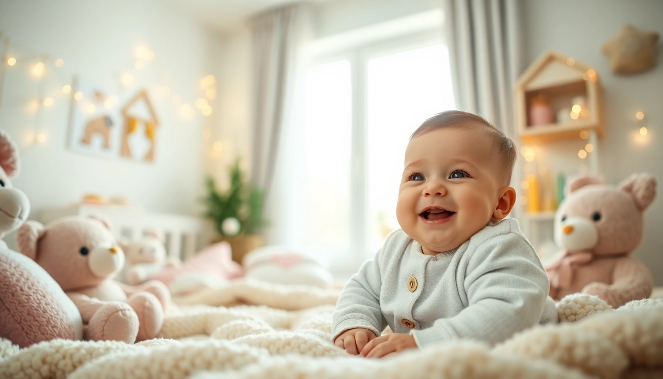 Captivating babyfotografie showcasing a happy infant in a warmly lit nursery.