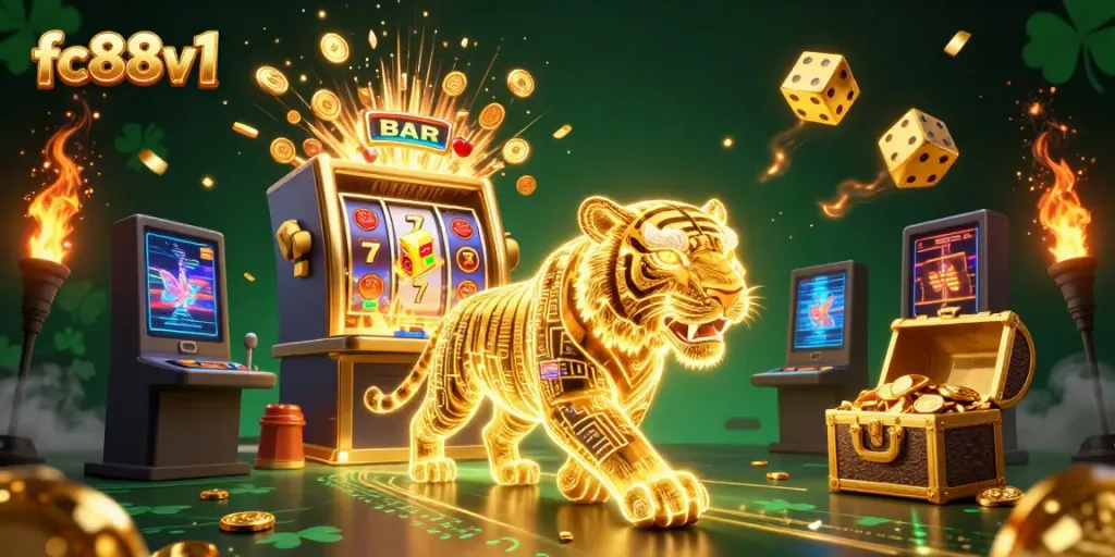 Bet on excitement with fc88v1 as a golden tiger roams a digital casino, exploding with riches.