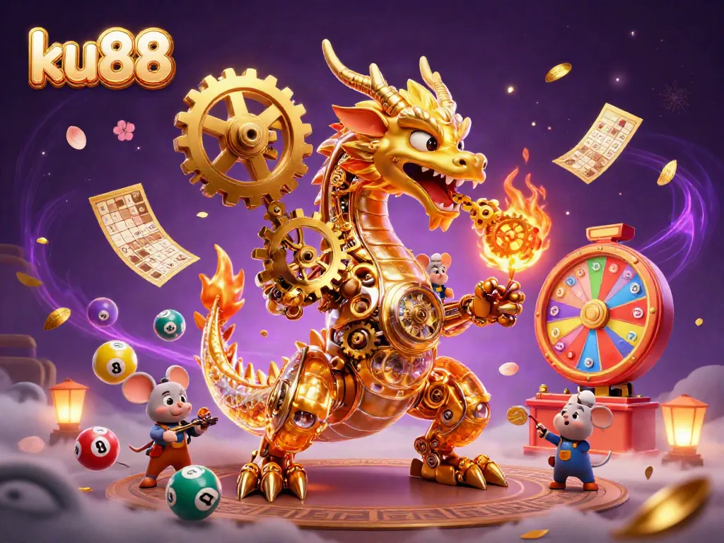 Experience excitement with ku88's golden dragon and lottery elements in a vibrant casino scene.
