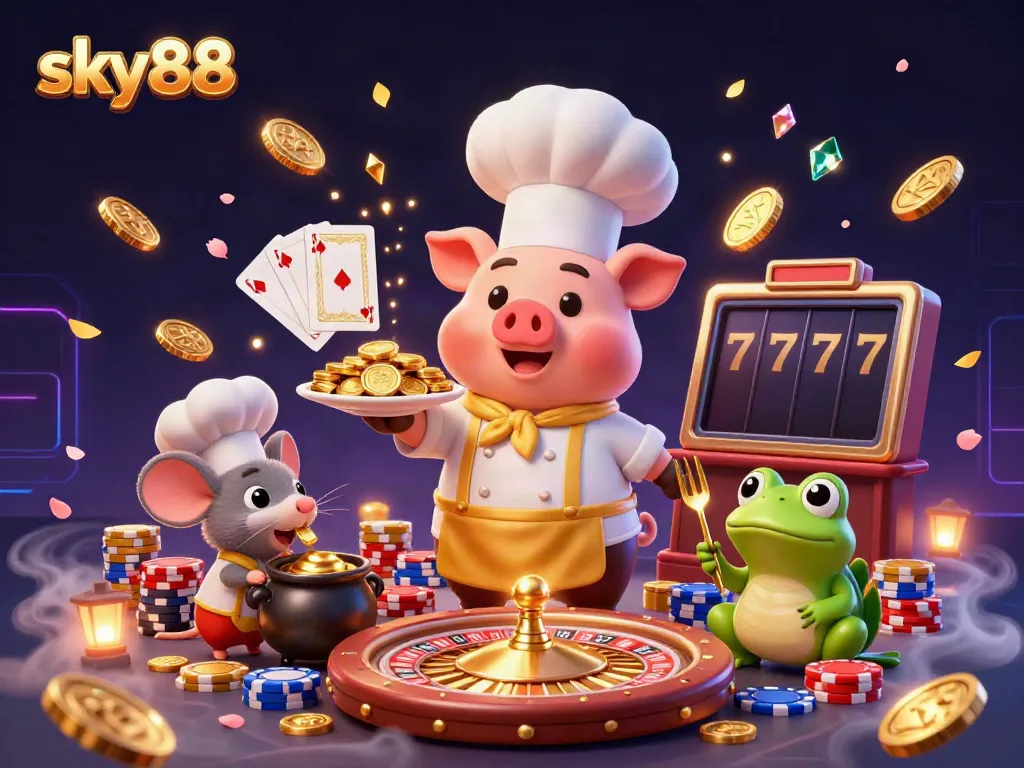 Experience the excitement of sky88 as a 3D chef pig presents gold coins in a vibrant casino setting.