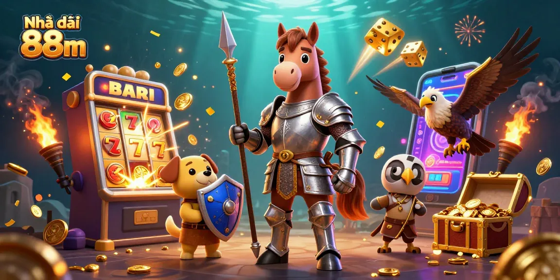 Win big with Nhà cái 88m in this vibrant 3D casino scene featuring dynamic slot machines and gaming elements.