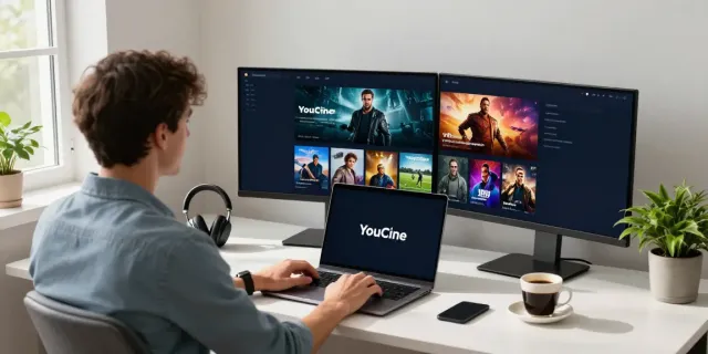 Espaço moderno de home office com YouCine para PC em destaque na tela do computador, atraente e confortável.