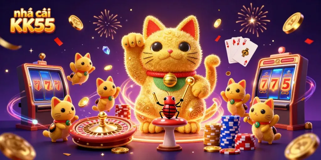 Engage with nhà cái KK55 through an enchanting 3D scene of golden fireflies and casino symbols.