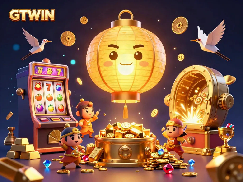 Experience exciting GTWIN casino gameplay with vibrant slot machines, golden treasures, and lucky symbols.