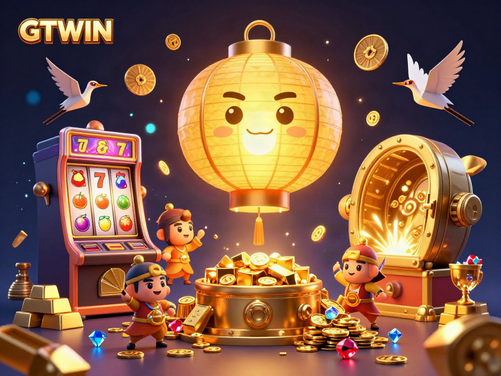 Experience exciting GTWIN casino gameplay with vibrant slot machines, golden treasures, and lucky symbols.