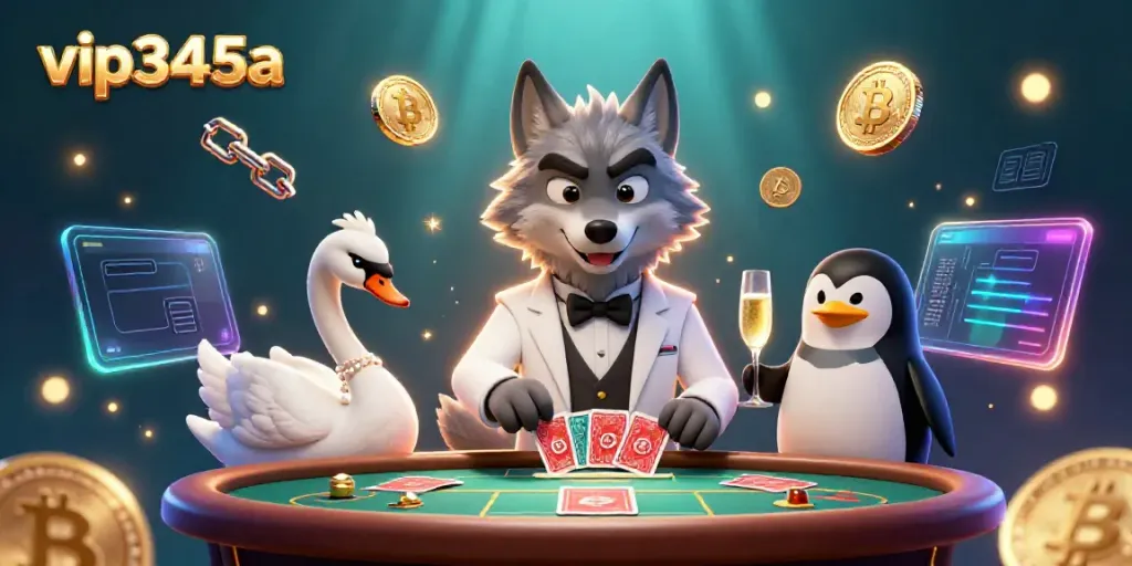Engage with the gaming excitement at vip345a with a debonair wolf, elegant swan, and sophisticated penguin in a vibrant casino scene.