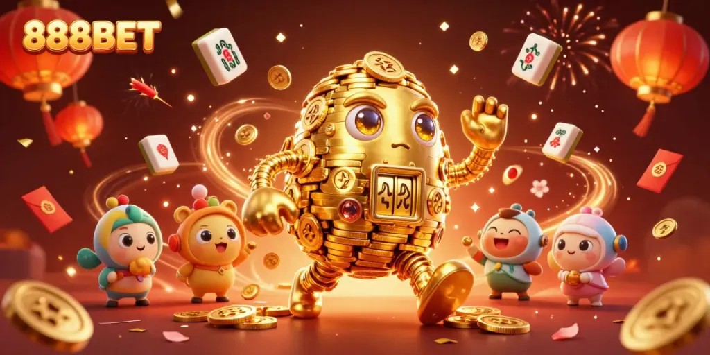 Engage with the excitement of 888BET through a vivid 3D illustration showcasing a golden golem and casino elements.