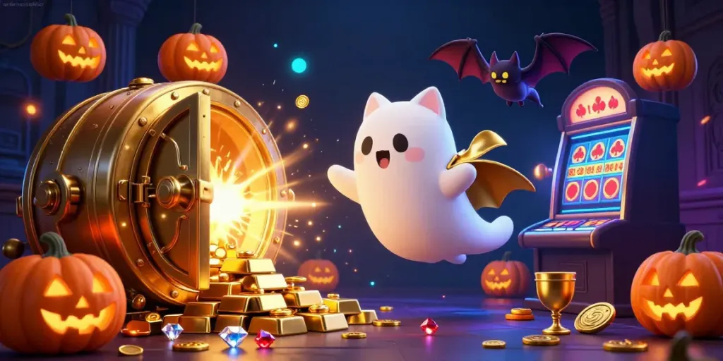 Experience the captivating world of online casino gaming with a playful ghost cat and treasures in this vibrant illustration.