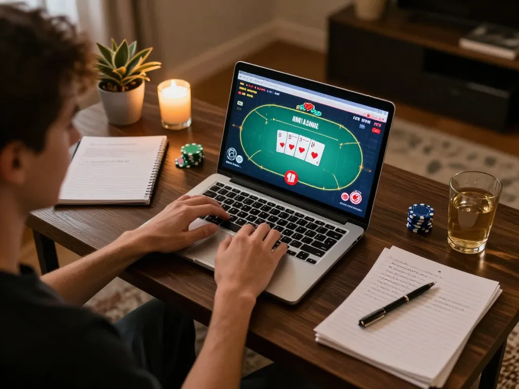 PHDREAM player engaging with exciting online poker game on laptop in cozy home setting