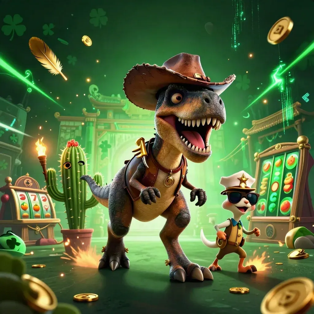 T-Rex cowboy, cacto e roadrunner em ação com ouro, neon e templo.