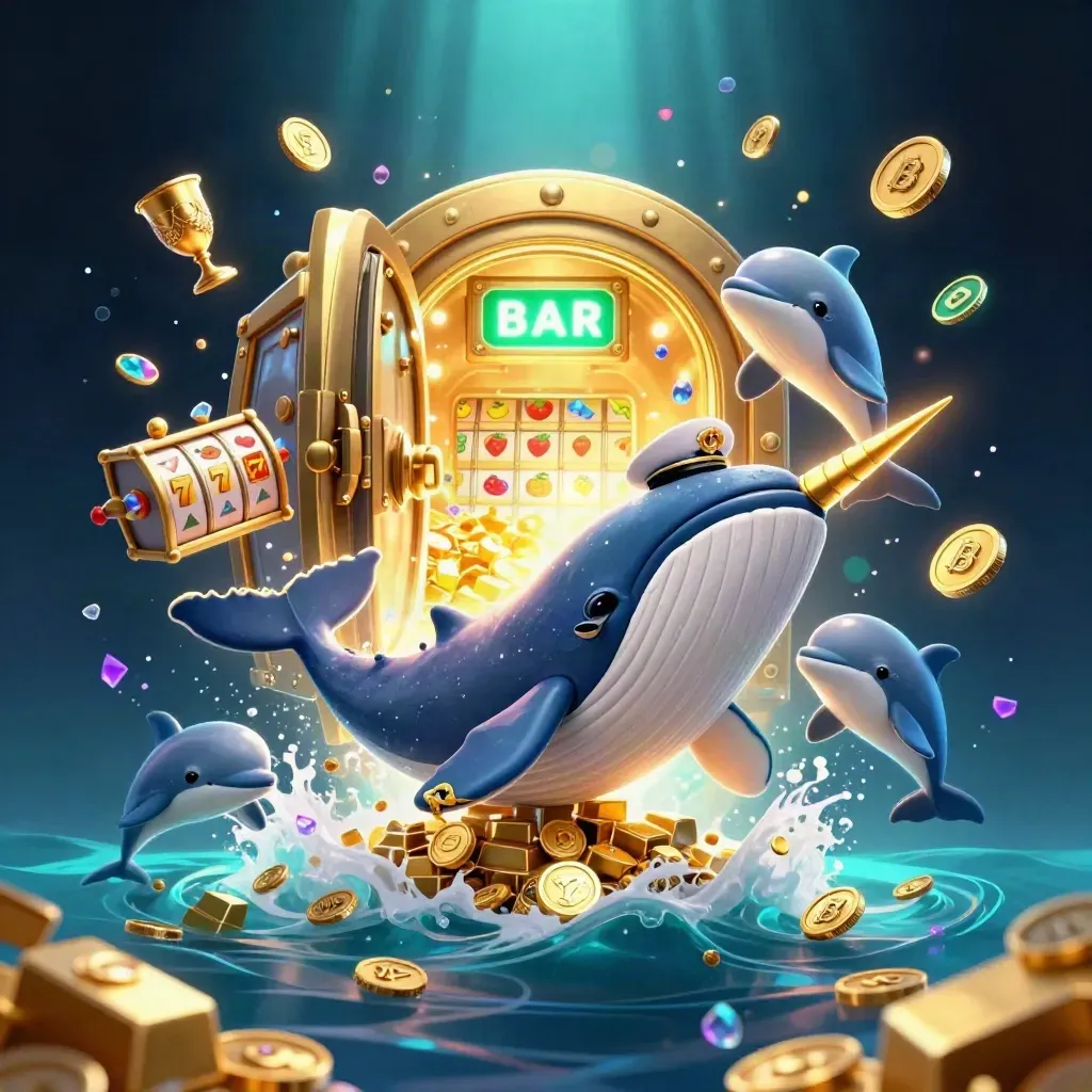 Baleia capitã, narval e golfinhos saltando entre moedas, ouro e gemas sob luz neon.