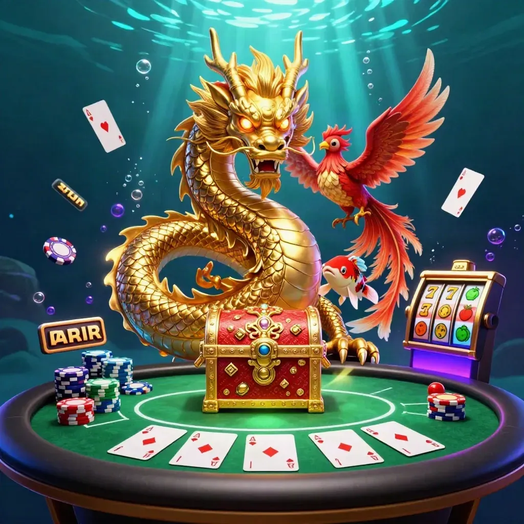 Dragão dourado com fênix, carpas, fichas, cartas e caça-níqueis em fundo subaquático.