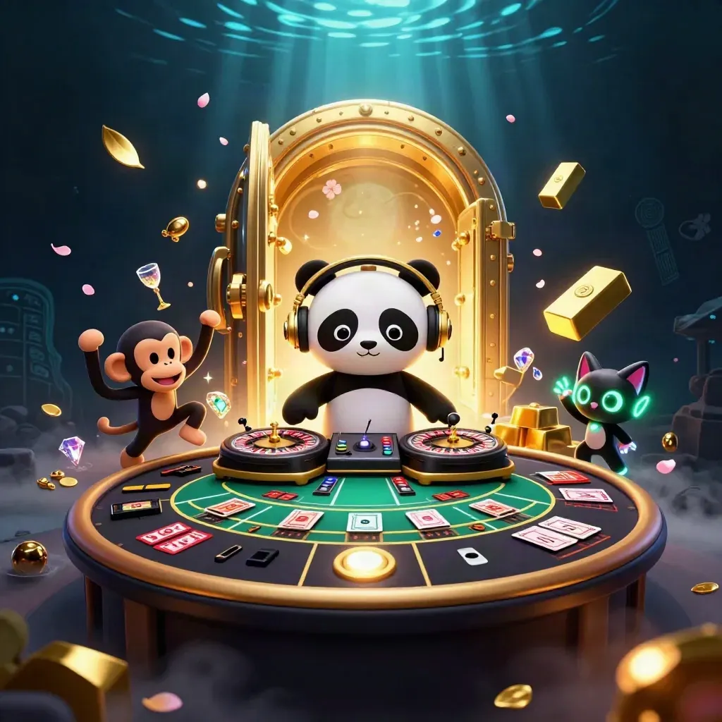 Panda DJ, macaco dançarino e gatinho neon em cassino de ouro e luz.