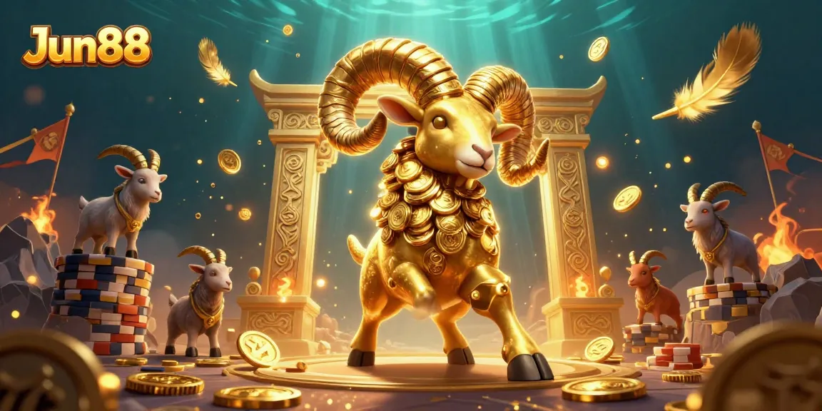 Experience gaming excitement with Jun88 as a golden ram charges through a vibrant casino scene.