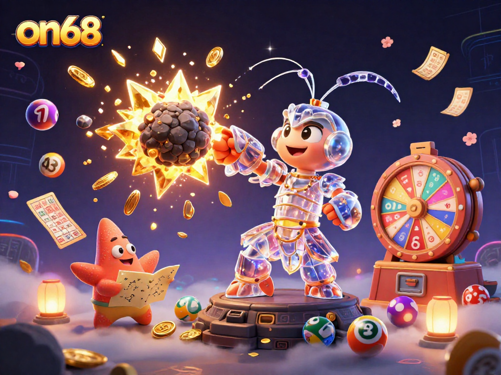 Join the excitement at on68 as our galactic samurai mantis shrimp battles through asteroids, showering gems and coins!