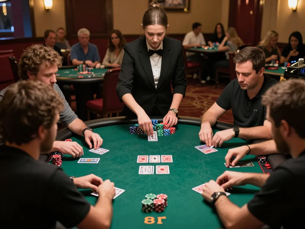 Engaged players strategizing in a Go8 poker game with colorful chips and cards at a premier casino