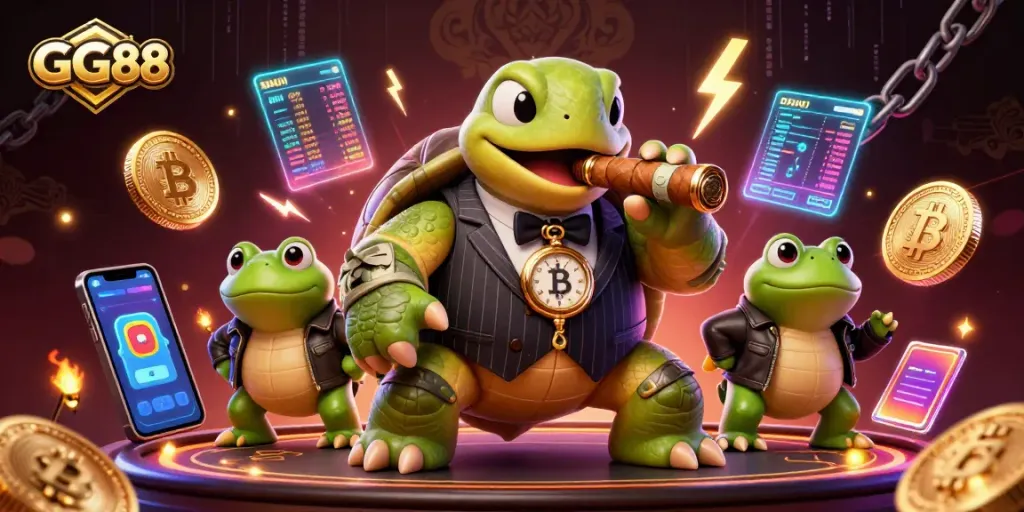 Join GG88 in a thrilling casino adventure with a cartoon turtle in a mobster suit and crypto elements.
